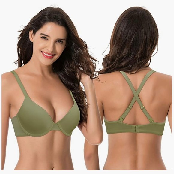 Curve Muse - Plus Size Full Coverage Padded Underwire Green Bra - Picture 2 of 9